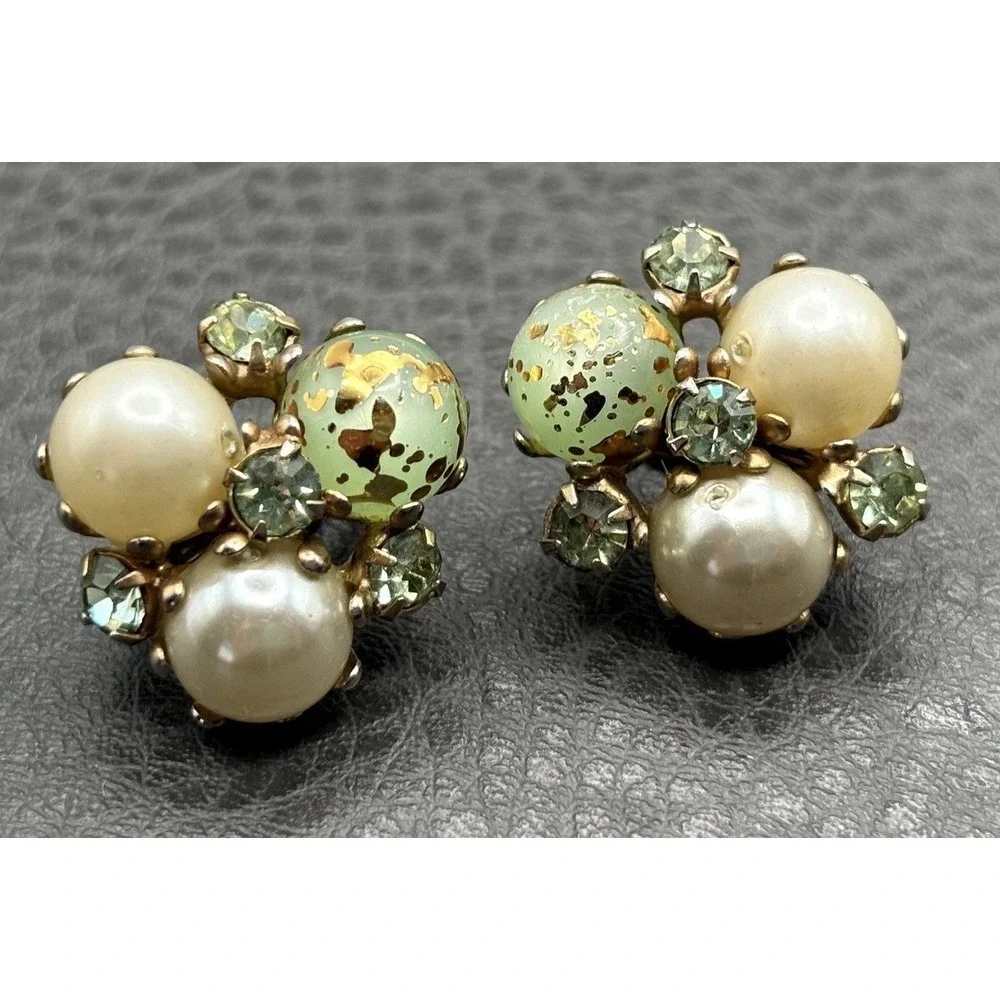 Vintage Faux Pearl Speckled Green Bead Rhinestone Cluster Clip On Earrings